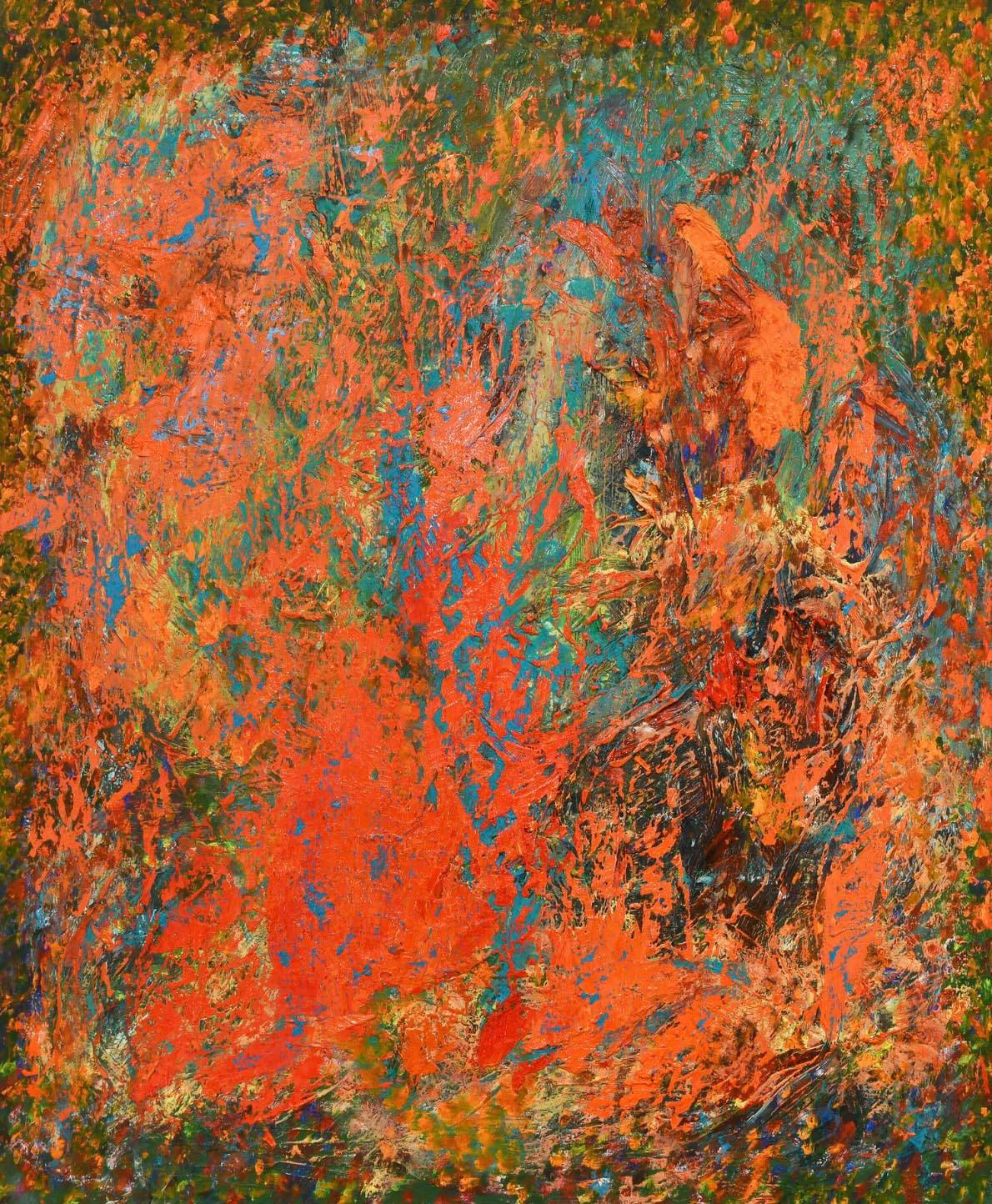 Abstract painting with many layers of shades of orange, with smaller areas of blue and yellow.